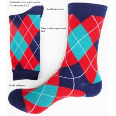 Combed cotton red, turqoise and navy argyle socks